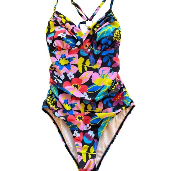 Bold Multi-Color Floral One-Piece Swimsuit – Criss-Cross Detail by CUPSHE - Picture 1 of 4
